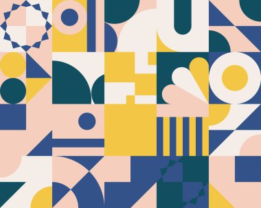 Basit şekilleri ve figürleri olan geometrik çizimler. Geometrik şekilli ve elementli soyut desenler. Web afişi, iş sunumu, marka paketi, kumaş baskısı için mükemmel.