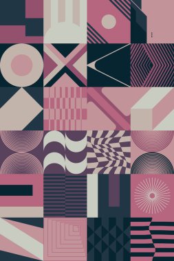 İsviçre tasarım tarzı soyut poster düzeni geometrik grafikler ve kalın elementlerle. Basit vektör şekilli modern geometri kompozisyonu çizimleri. Poster tasarımı, web sunumu vs. için kullanışlı.