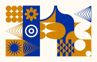 İskandinav esinlenilmiş çizimler basit geometrik şekiller ve renkli şekillerle yapılmış. Soyut vektör bileşimi, arka planlar için kullanışlı, poster tasarımı, kumaş baskıları, davet.