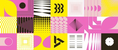 Basit şekiller ve parlak ve canlı renklerden oluşan soyut geometrik vektör deseni. Geometrik kompozisyon, web tasarımı için kullanışlı, kartvizit, davet, poster, tekstil baskısı, arkaplan.