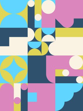 Basit şekiller ve parlak ve canlı renklerden oluşan soyut geometrik vektör deseni. Geometrik kompozisyon, web tasarımı için kullanışlı, kartvizit, davet, poster, tekstil baskısı, arkaplan.