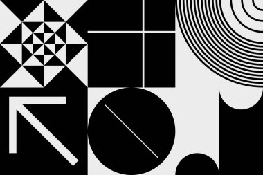 Siyah ve beyaz şekilli basit geometrik soyut vektör deseni. Geometrik grafik kompozisyonu, web tasarımı, kartvizit, davetiye, poster, tekstil baskısı, arkaplan.