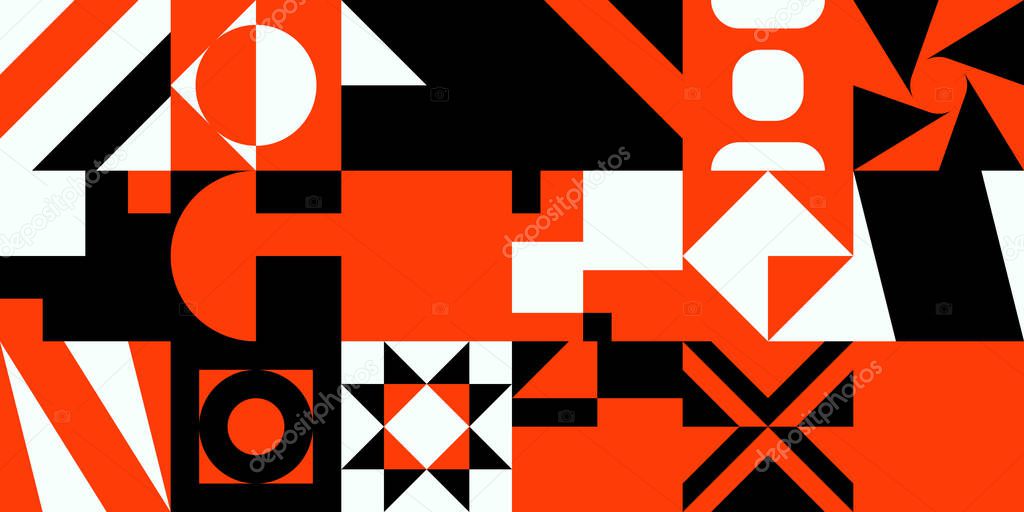 Geometric distress aesthetics in abstract pattern design. Brutalism inspired vector graphics collage made with simple geometric shapes and grunge texture, useful for poster art and digital prints.