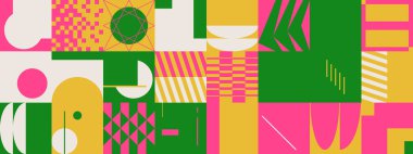 Cesur geometrik şekilli vektör soyut sembollerinin yeniden yapılandırılmış postmodern sanat eserleri, web arkaplanı, poster tasarımı, dergi ön sayfası, yüksek teknoloji baskısı, kapak resmi.