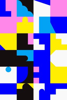 Soyut model tasarımında geometrik sıkıntı estetiği. Brutalizm basit geometrik şekiller ve grunge dokusuyla yapılmış, poster sanatı ve dijital baskılar için kullanışlı vektör grafikleri kolajından ilham almıştır..