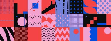 Cesur geometrik şekilli vektör soyut sembollerinin yeniden yapılandırılmış postmodern sanat eserleri, web arkaplanı, poster tasarımı, dergi ön sayfası, yüksek teknoloji baskısı, kapak resmi.