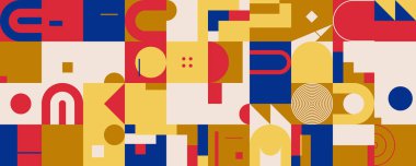 Basit geometrik şekiller ve şekillerle yapılmış Memphis tarzı ilham verici desen tasarımı. Vektör geometrik soyut bileşim duvar kağıdı dekorasyonları, sunumlar, kumaş tekstil tasarımı vs. için kullanışlı