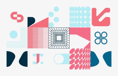 Soyut model tasarım kompozisyonunda yeni bir retro estetik. Sanat deco ilham verici vektör grafikleri kolajı basit geometrik şekiller ve grunge dokuları ile yapılır, poster sanatı ve dijital baskılar için kullanışlıdır.