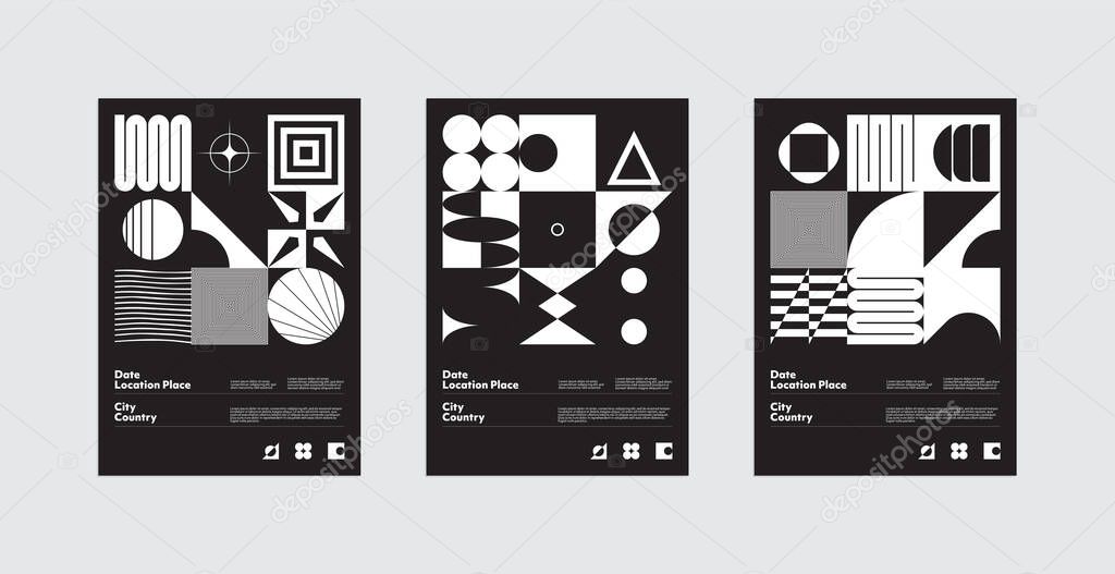 Brutalism inspired graphic design of vector poster set cover layout made with vector abstract elements and geometric shapes, useful for poster art, front page design, decorative prints