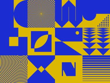 Geçmişe dönük parlak neon renkli geometrik şekilli vektör soyut sembolleri, web arkaplanı, poster sanat tasarımı, dergi ön sayfası, yüksek teknoloji baskısı, kapak resmi.