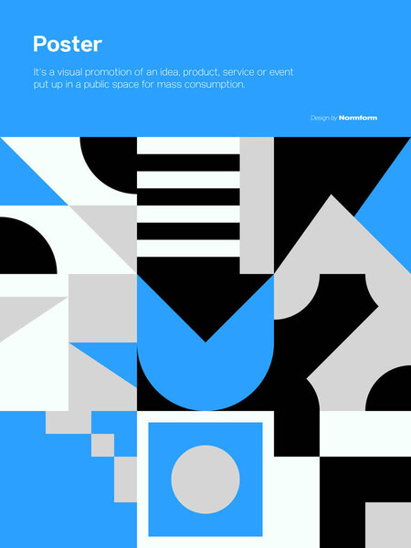 Postmodern graphic design of A4 size vector cover mockup created in modernism and minimalistic brutalism style, useful for poster art, magazine front page, decorative print, web banner artwork.