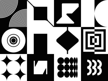 Siyah ve beyaz şekilli basit geometrik soyut vektör deseni. Geometrik grafik kompozisyonu, web tasarımı, kartvizit, davetiye, poster, tekstil baskısı, arkaplan.
