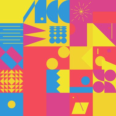 Cesur geometrik şekilli vektör soyut sembollerinin yeniden yapılandırılmış postmodern sanat eserleri, web arkaplanı, poster tasarımı, dergi ön sayfası, yüksek teknoloji baskısı, kapak resmi.