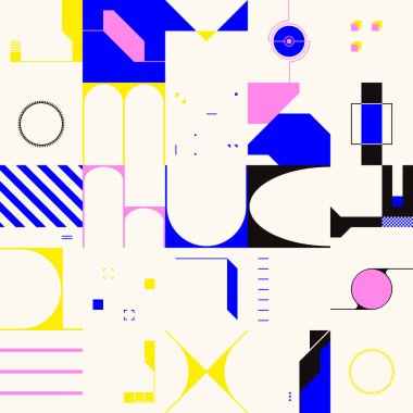 Geçmişe dönük parlak neon renkli geometrik şekilli vektör soyut sembolleri, web arkaplanı, poster sanat tasarımı, dergi ön sayfası, yüksek teknoloji baskısı, kapak resmi.