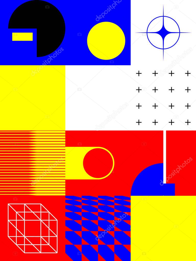 Deconstructed postmodern inspired artwork of vector abstract symbols with bold geometric shapes, useful for web background, poster art design, magazine front page, hi-tech print, cover artwork.