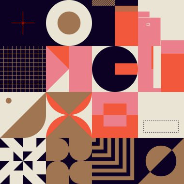 İsviçre tasarım tarzı soyut poster düzeni geometrik grafikler ve kalın elementlerle. Basit vektör şekilli modern geometri kompozisyonu çizimleri. Poster tasarımı, web sunumu vs. için kullanışlı.