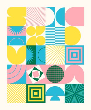 Neo Modernizm, soyut vektör geometrik şekil ve formlarla yapılmış. Basit form cesur grafik tasarımı, web sanatı, davetiye kartları, posterler, baskılar, tekstil, arka plan için kullanışlı.