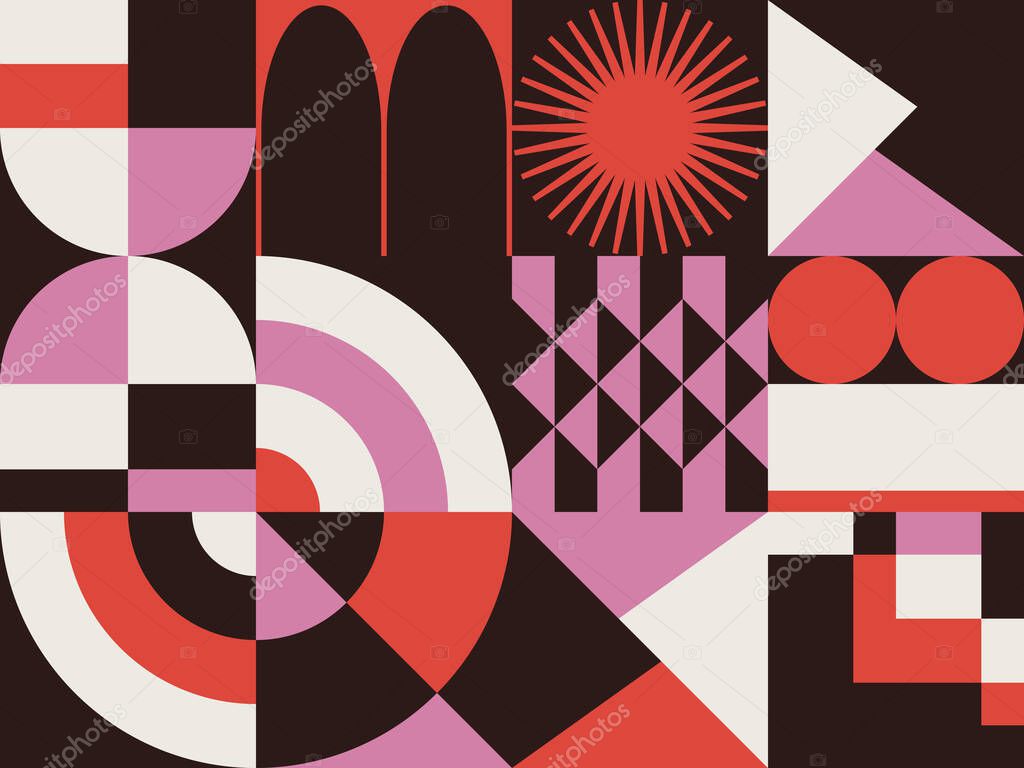 Swiss design style abstract poster layout with geometric graphics and bold elements. Modern geometry composition artwork with simple vector shapes. Useful for poster design, web presentation, etc.