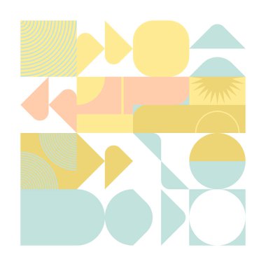 Basit şekil ve şekillere sahip kare çizimlerin soyut geometriği. Geometri elementleriyle vektör desenli grafikler. Web afişi, iş sunumu, marka paketi, kumaş baskısı için mükemmel