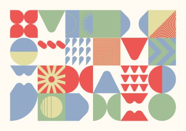 Basit şekilleri ve güzel renk paleti olan yüzyılın ortası geometrik soyut deseni. Basit geometrik desen kompozisyonu, web tasarımında en iyi kullanım alanı, kartvizit, davetiye, poster, tekstil baskısı.