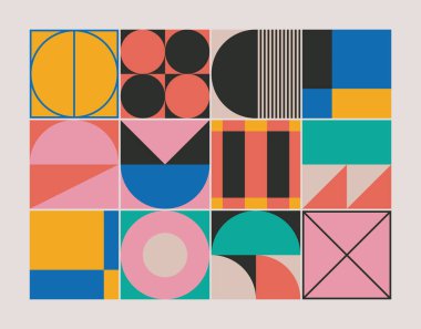 Bauhaus tasarım tarzından esinlenmiş soyut geometrik desen dokusu. Basit vektör şekilleri ve temel biçimlerle modern doğrusal geometri kompozisyonu çizimi, poster tasarımı ve web sunumu için harika.