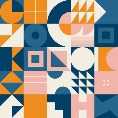 Renkli geometrik şekiller ve basit geometrik şekillerle yapılmış vektör soyut kompozisyon tasarımının neo jeo çizimi, web arkaplanı için kullanışlı, poster ince sanatları, kapak kapağı ön sayfa ve prins.