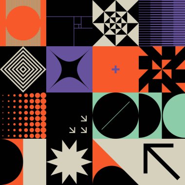 Parlak renkli geometrik şekillerle yapılmış vektör soyut teknolojik elementlerin dijital kolajı, web arkaplanı, poster tasarımı, dergi ön sayfası, yüksek teknoloji baskısı, kapak resmi.