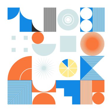 Geometrik şekiller ve elementlerle yapılan soyut sıradışı kompozisyonun modern sanat eserleri. Basit geometri vektörü arka planı web tasarımı, kartvizitler, davetiye, poster, moda baskıları için kullanışlı.