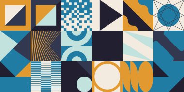 İsviçre tasarım tarzı soyut poster düzeni geometrik grafikler ve kalın elementlerle. Basit vektör şekilli modern geometri kompozisyonu çizimleri. Poster tasarımı, web sunumu vs. için kullanışlı.