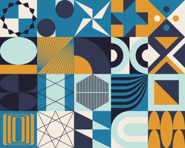 Renkli geometrik şekiller ve basit geometrik şekillerle yapılmış vektör soyut kompozisyon tasarımının neo jeo çizimi, web arkaplanı için kullanışlı, poster ince sanatları, kapak kapağı ön sayfa ve prins.
