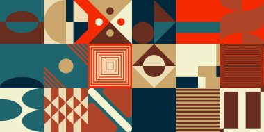 Basit şekiller ve parlak ve canlı renklerden oluşan soyut geometrik vektör deseni. Geometrik kompozisyon, web tasarımı için kullanışlı, kartvizit, davet, poster, tekstil baskısı, arkaplan.