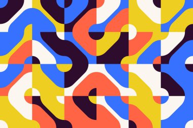 Basit şekilleri ve figürleri olan soyut mozaik sanat tasarımı. Temel form ve elementlerle geometrik desen grafikleri. Web afişi, iş sunumu, marka paketi, kumaş baskısı için mükemmel.