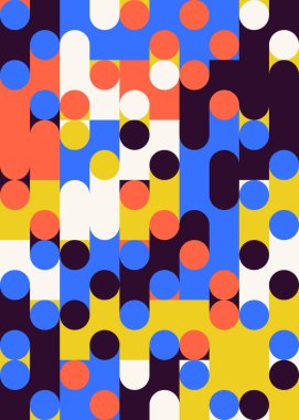 Basit şekilleri ve figürleri olan soyut mozaik sanat tasarımı. Temel form ve elementlerle geometrik desen grafikleri. Web afişi, iş sunumu, marka paketi, kumaş baskısı için mükemmel.