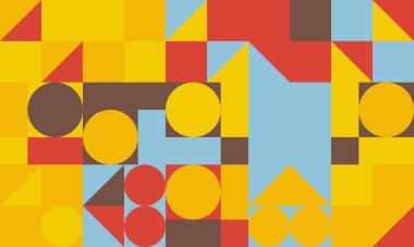 Basit şekilleri ve figürleri olan soyut mozaik sanat tasarımı. Temel form ve elementlerle geometrik desen grafikleri. Web afişi, iş sunumu, marka paketi, kumaş baskısı için mükemmel.