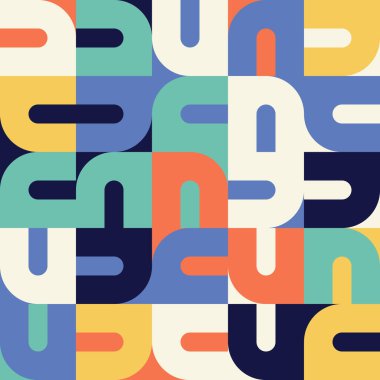 Basit şekilleri ve figürleri olan soyut mozaik sanat tasarımı. Temel form ve elementlerle geometrik desen grafikleri. Web afişi, iş sunumu, marka paketi, kumaş baskısı için mükemmel.