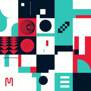 Geçmişe dönük parlak neon renkli geometrik şekilli vektör soyut sembolleri, web arkaplanı, poster sanat tasarımı, dergi ön sayfası, yüksek teknoloji baskısı, kapak resmi.