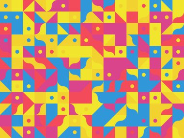 Basit şekilleri ve figürleri olan soyut mozaik sanat tasarımı. Temel form ve elementlerle geometrik desen grafikleri. Web afişi, iş sunumu, marka paketi, kumaş baskısı için mükemmel.