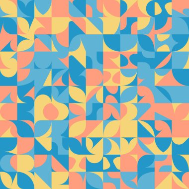 Basit şekilleri ve figürleri olan soyut mozaik sanat tasarımı. Temel form ve elementlerle geometrik desen grafikleri. Web afişi, iş sunumu, marka paketi, kumaş baskısı için mükemmel.