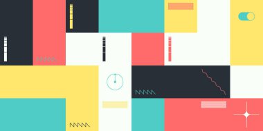 Basit şekiller ve parlak ve canlı renklerden oluşan soyut geometrik vektör deseni. Geometrik kompozisyon, web tasarımı için kullanışlı, kartvizit, davet, poster, tekstil baskısı, arkaplan.