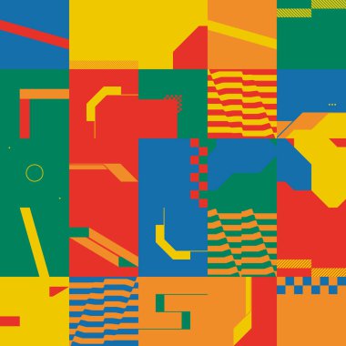 Basit şekil ve şekillere sahip kare çizimlerin soyut geometriği. Geometri elementleriyle vektör desenli grafikler. Web afişi, iş sunumu, marka paketi, kumaş baskısı için mükemmel