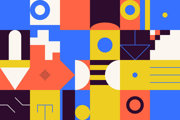 Брутализм вдохновил абстрактный векторный шаблон, выполненный простыми геометрическими формами и формами. Графический дизайн жирной формы, полезный для веб-арта, пригласительные билеты, плакаты, гравюры, текстиль, фон.