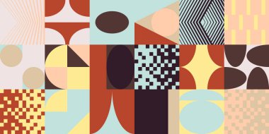 Basit geometrik şekil ve formlarla yatay soyut vektör deseni. Grafik ögelerinin uzun kompozisyonu, web tasarımı, iş sunumu, web sitesi başlığı, davet arkaplanı için kullanışlı.