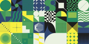 Parlak renkli geometrik şekillerle yapılmış vektör soyut teknolojik elementlerin dijital kolajı, web arkaplanı, poster tasarımı, dergi ön sayfası, yüksek teknoloji baskısı, kapak resmi.