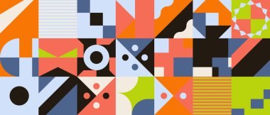 Basit şekilleri ve güzel renk paleti olan yüzyılın ortası geometrik soyut deseni. Basit geometrik desen kompozisyonu, web tasarımında en iyi kullanım alanı, kartvizit, davetiye, poster, tekstil baskısı.