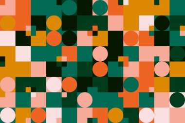 Basit şekiller ve parlak ve canlı renklerden oluşan soyut geometrik vektör deseni. Geometrik kompozisyon, web tasarımı için kullanışlı, kartvizit, davet, poster, tekstil baskısı, arkaplan.