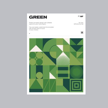 İsviçre poster tasarım şablonu temiz tipografi ve renkli soyut geometrik şekilli minimum vektör şablonu. Markalaşma, sunum, albüm baskısı, web sayfası başlığı, web pankartı için harika.