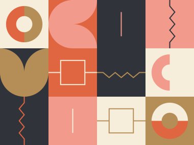 Soyut model tasarım kompozisyonunda yeni bir retro estetik. Sanat deco ilham verici vektör grafik kolajı basit geometrik şekiller figürleri, poster sanat ve dijital baskılar için kullanışlı.