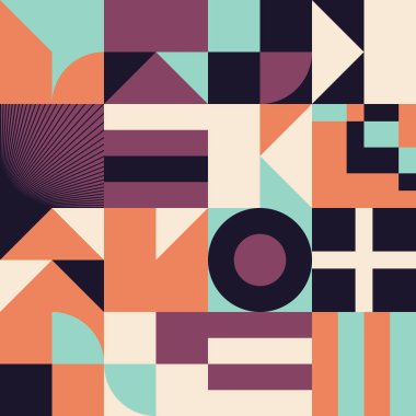 Basit şekilleri ve güzel renk paleti olan yüzyılın ortası geometrik soyut deseni. Basit geometrik desen kompozisyonu, web tasarımında en iyi kullanım alanı, kartvizit, davetiye, poster, tekstil baskısı.