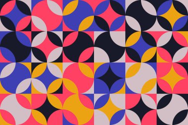 Basit geometrik formlarla kusursuz geometrik desenli tasarım. Büyük renk paleti ile dairesel geometrik vektör grafiği, poster tasarımı, kumaş baskısı, duvar kağıdı, ambalaj kağıdı için kullanışlı.