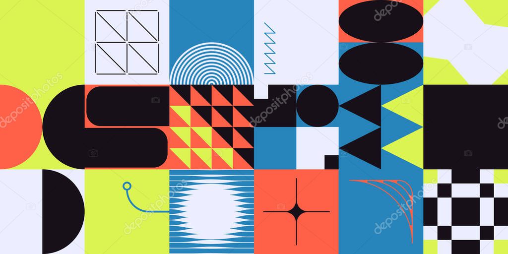 Deconstructed postmodern inspired artwork of vector abstract symbols with bold geometric shapes, useful for web background, poster art design, magazine front page, hi-tech print, cover artwork.